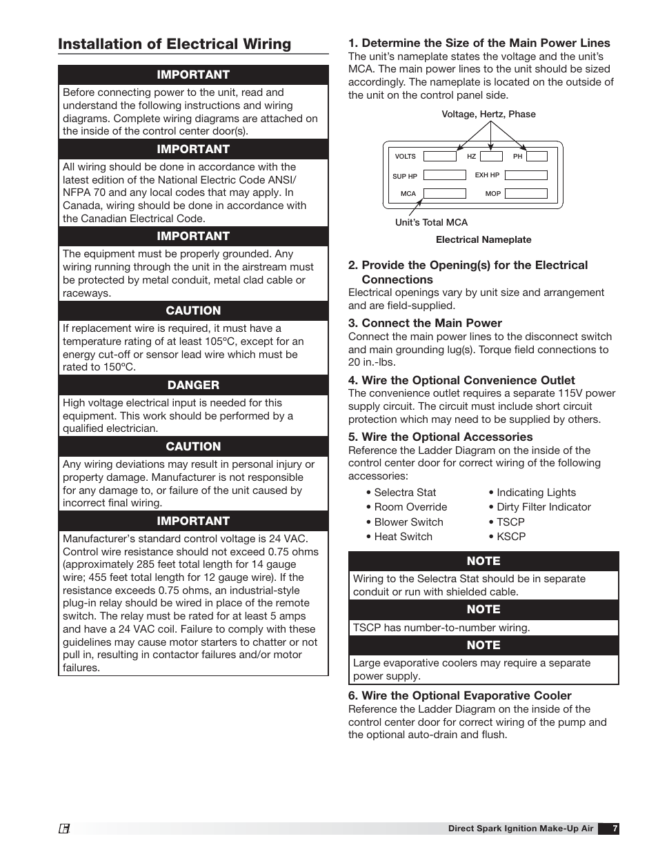 Installation of electrical wiring | Greenheck DG / DGX with Direct Spark (470652) User Manual | Page 7 / 40