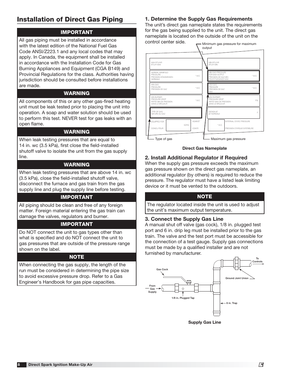Installation of direct gas piping, Important, Warning | Determine the supply gas requirements, Install additional regulator if required, Connect the supply gas line, Supply gas line, Direct gas nameplate | Greenheck DG / DGX with Direct Spark (470652) User Manual | Page 8 / 40