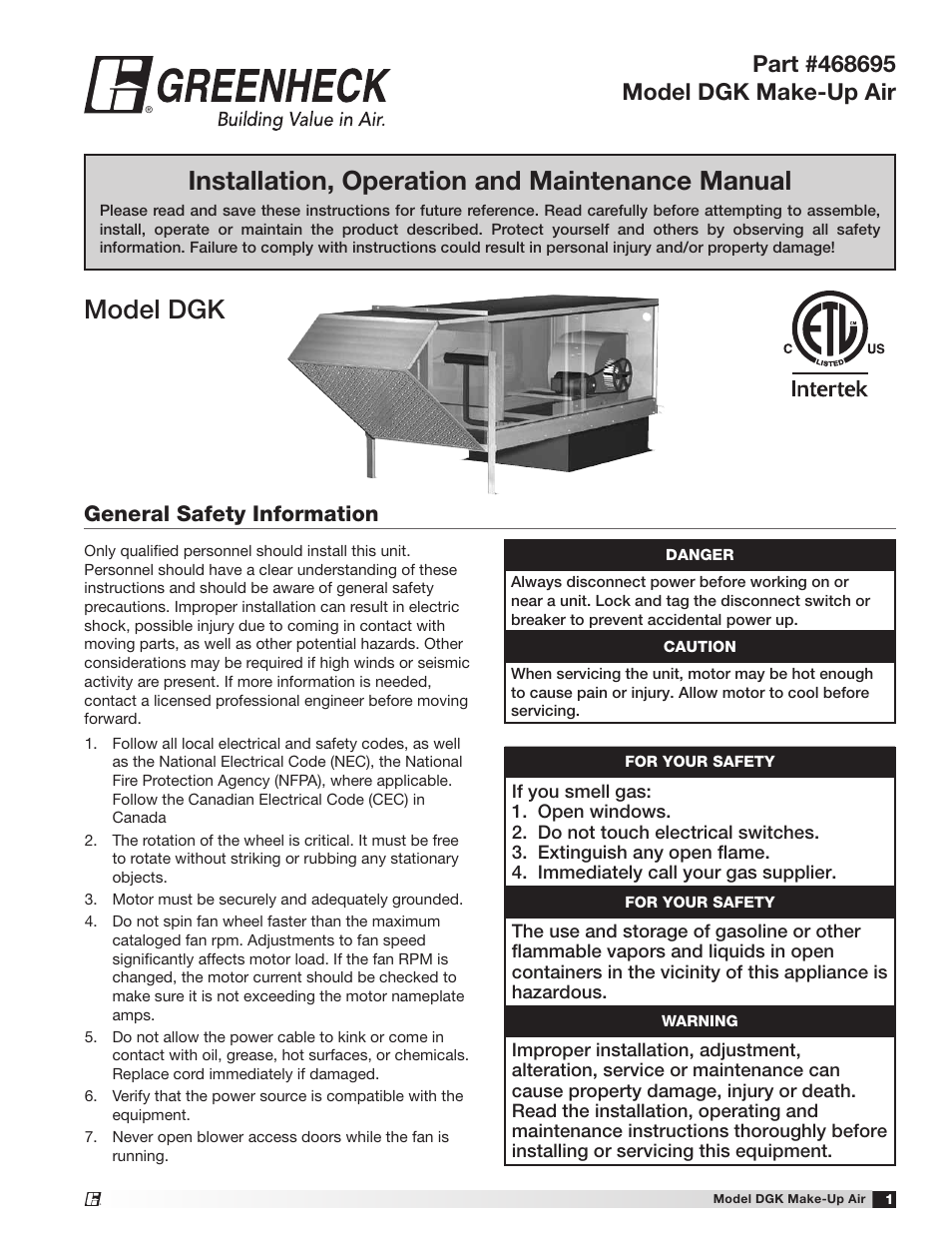 Greenheck DGK (468695) User Manual | 20 pages