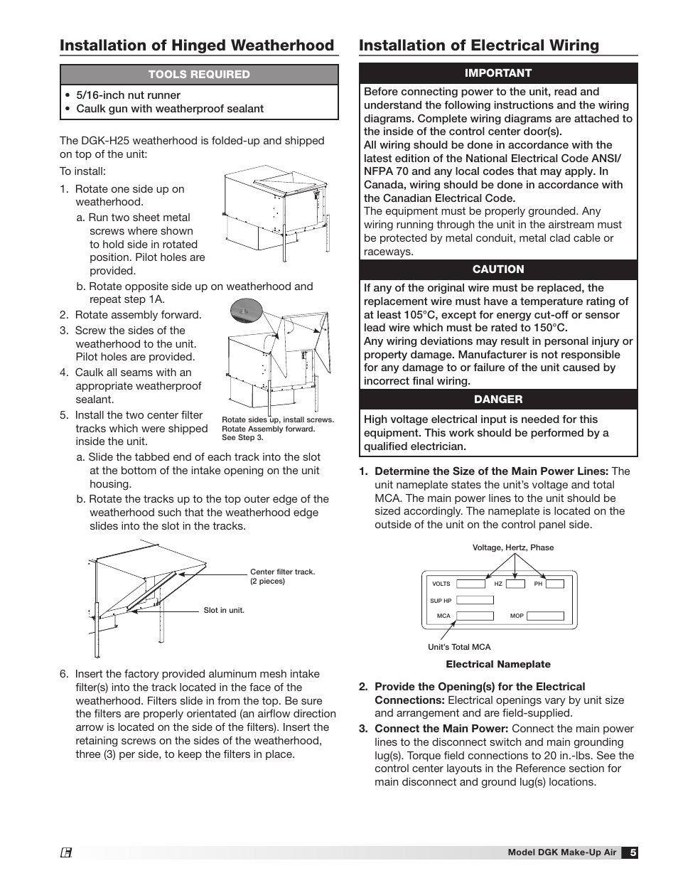 Installation of hinged weatherhood, Installation of electrical wiring | Greenheck DGK (468695) User Manual | Page 5 / 20