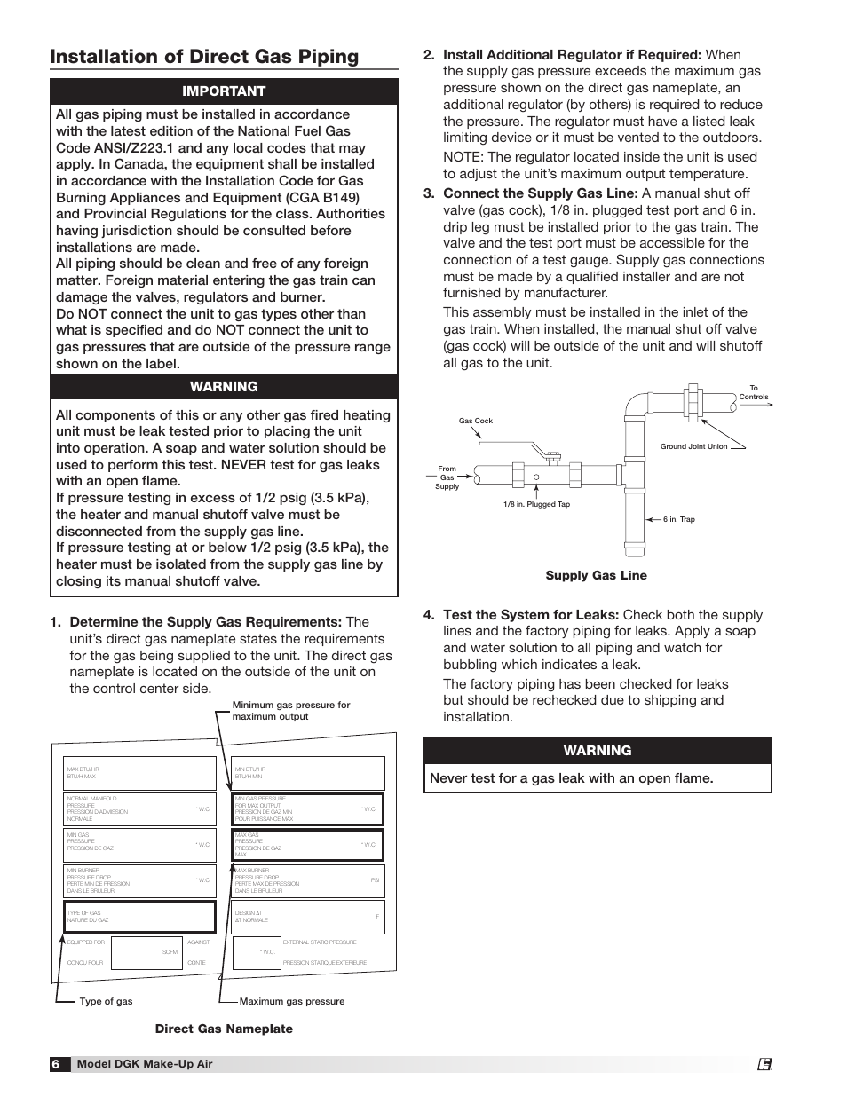 Installation of direct gas piping, Direct gas nameplate, Supply gas line | Greenheck DGK (468695) User Manual | Page 6 / 20