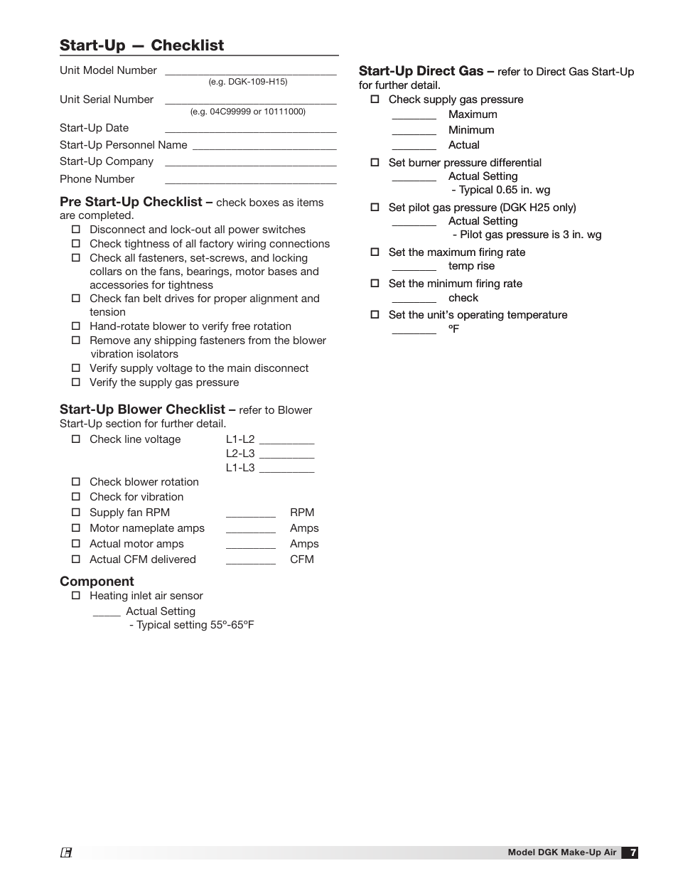 Start-up — checklist | Greenheck DGK (468695) User Manual | Page 7 / 20