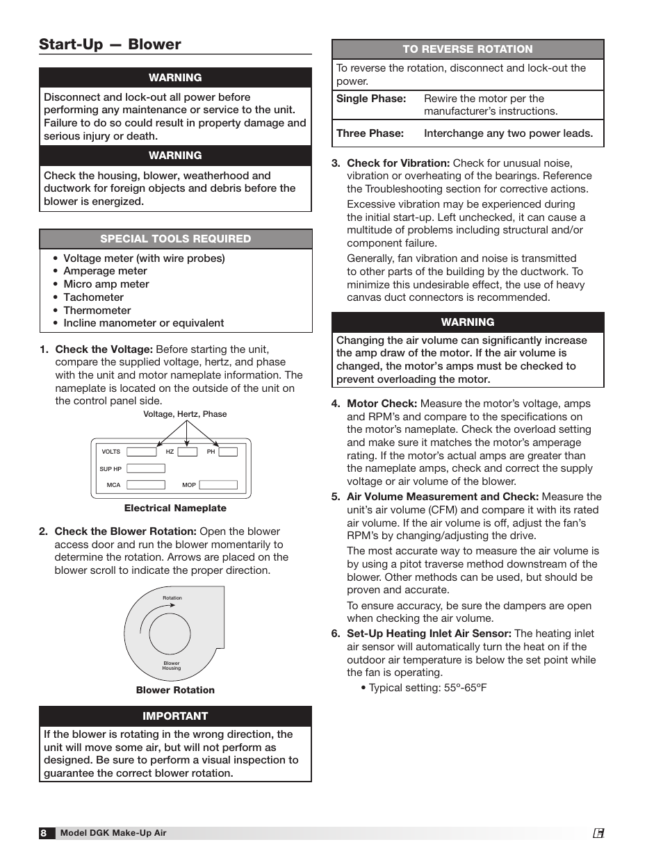 Start-up — blower | Greenheck DGK (468695) User Manual | Page 8 / 20