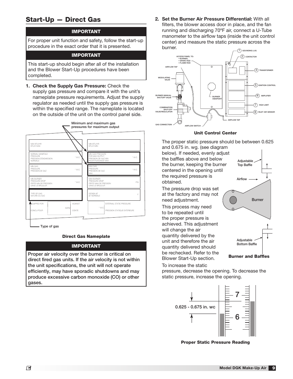 Start-up — direct gas, Unit control center, Burner and baffles | Direct gas nameplate | Greenheck DGK (468695) User Manual | Page 9 / 20