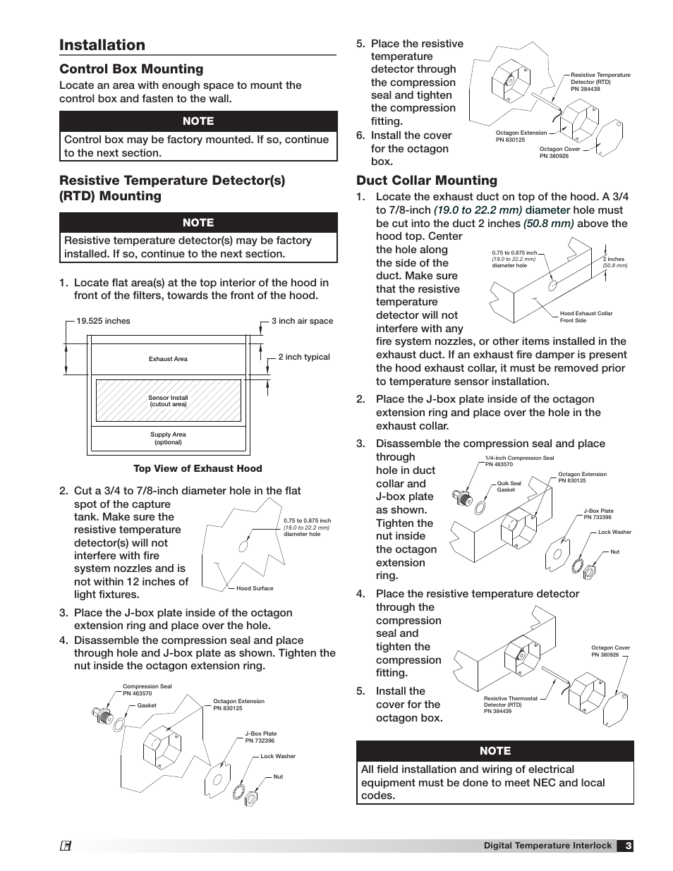 Installation, Duct collar mounting, Resistive temperature detector(s) (rtd) mounting | Control box mounting, Instr, adj. temp interlock in flat spot, Top view of exhaust hood, Digital temperature interlock | Greenheck Digital Temperature Interlock (474750 IOM) (Pre November 2012) User Manual | Page 3 / 8