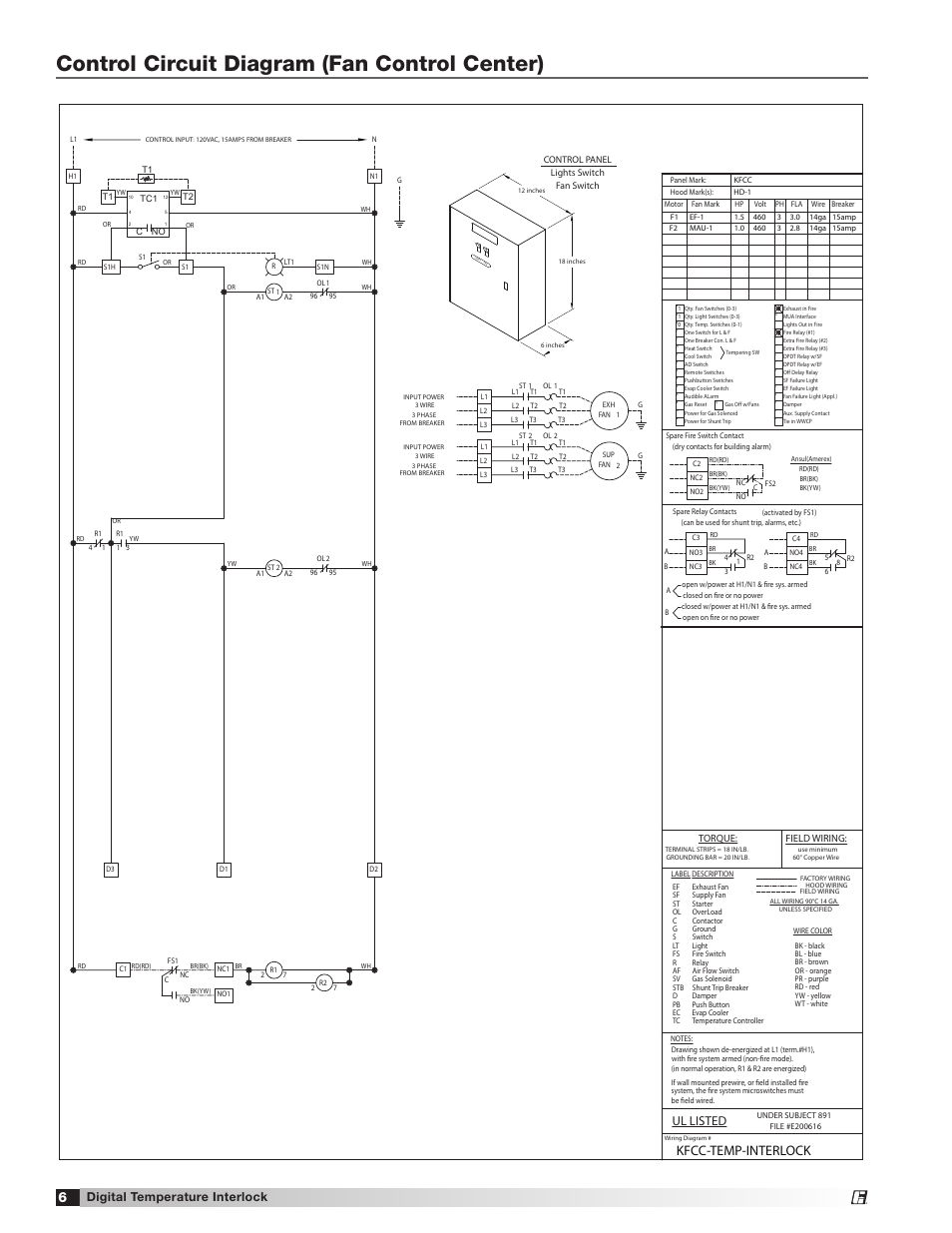 Control circuit diagram (fan control center), Kfcc-temp-interlock, Ul listed | Digital temperature interlock | Greenheck Digital Temperature Interlock (474750 IOM) (Pre November 2012) User Manual | Page 6 / 8