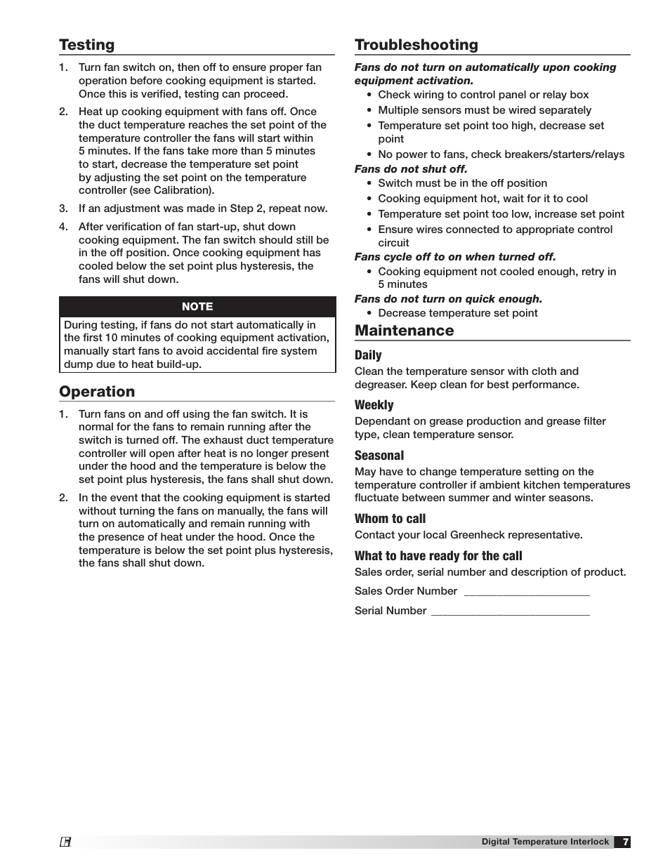 Operation, Testing, Troubleshooting | Maintenance | Greenheck Digital Temperature Interlock (474750 IOM) (Pre November 2012) User Manual | Page 7 / 8
