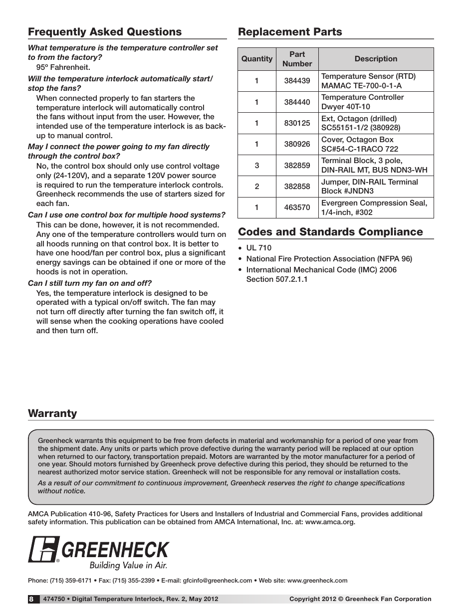 Warranty, Frequently asked questions, Replacement parts | Codes and standards compliance | Greenheck Digital Temperature Interlock (474750 IOM) (Pre November 2012) User Manual | Page 8 / 8
