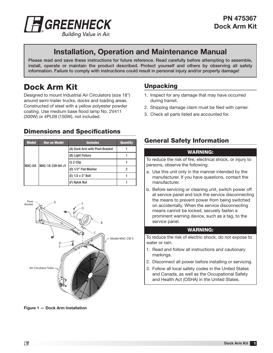 Greenheck Dock Arm Kit (475367) User Manual | 4 pages