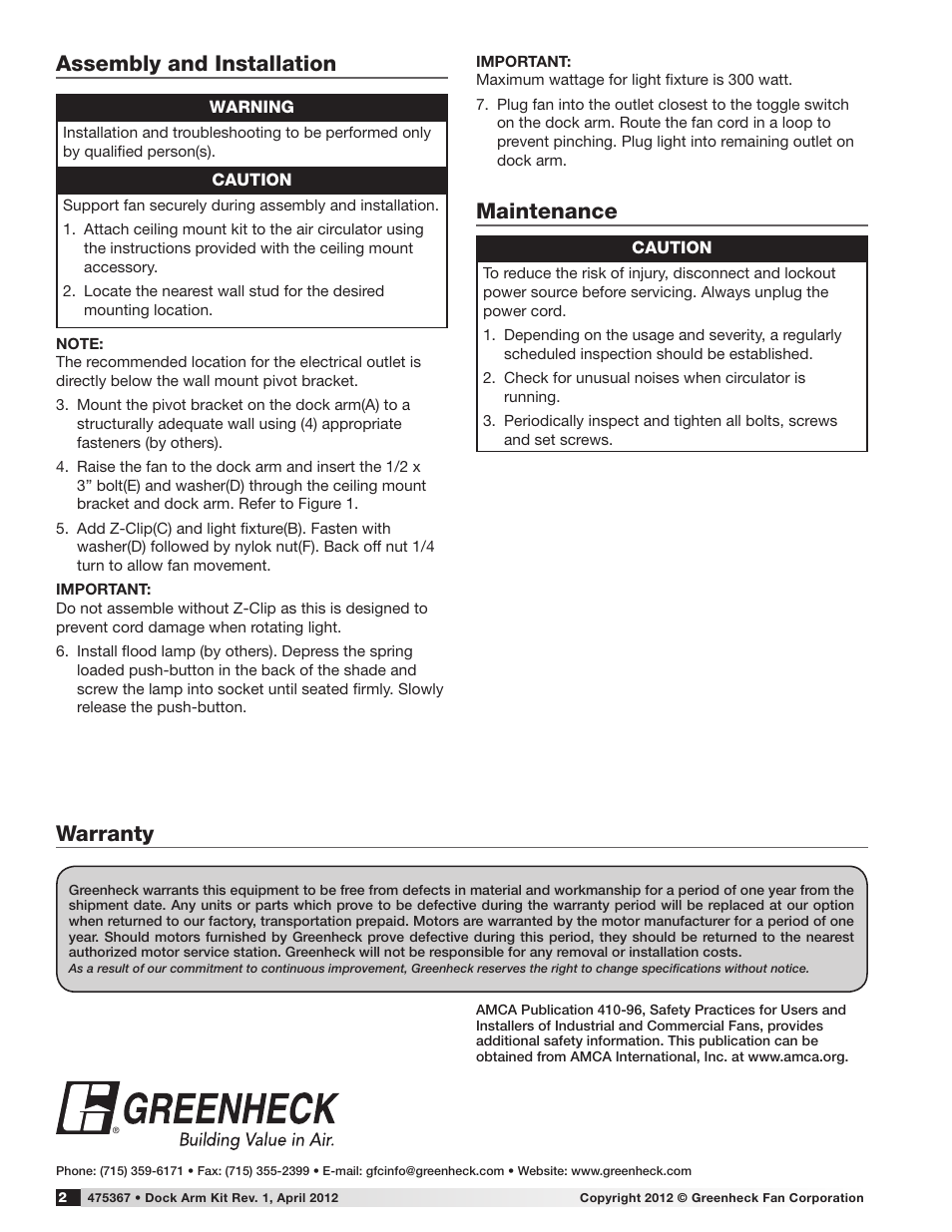 Maintenance assembly and installation, Warranty | Greenheck Dock Arm Kit (475367) User Manual | Page 2 / 4