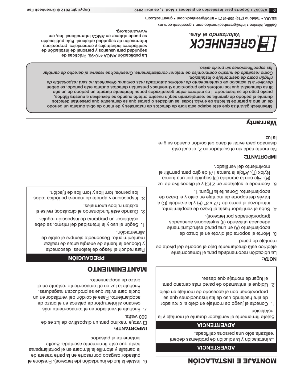Mantenimiento montaje e inst alación, Warranty | Greenheck Dock Arm Kit (475367) User Manual | Page 3 / 4