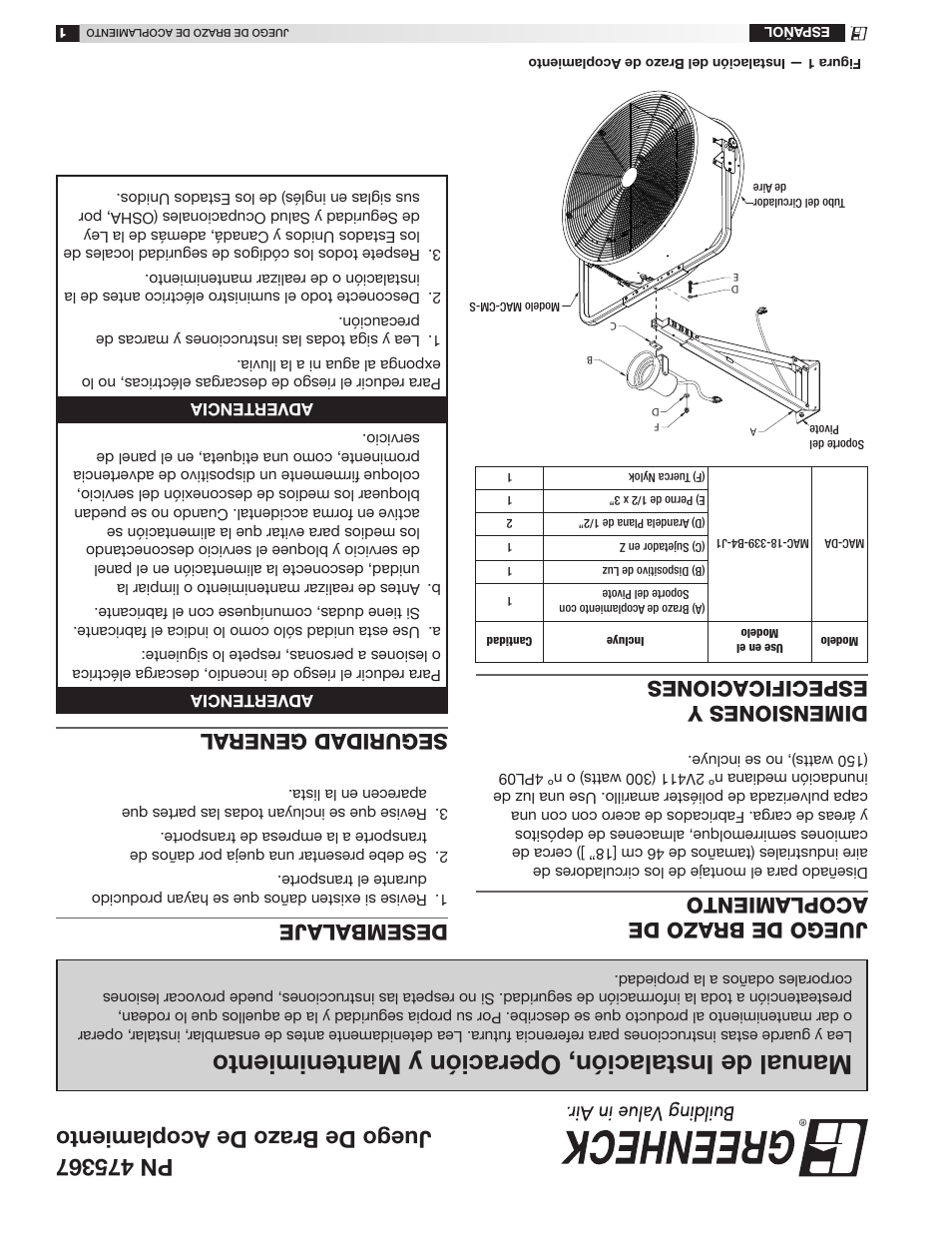 Manual de instalación, operación y mantenimiento, Juego de brazo de acoplamiento, Advertencia | Greenheck Dock Arm Kit (475367) User Manual | Page 4 / 4