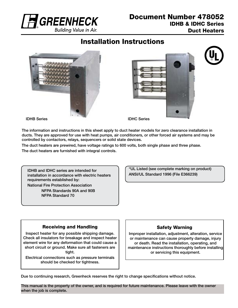 Greenheck Duct Heaters Series IDHB and IDHC (478052) User Manual | 8 pages