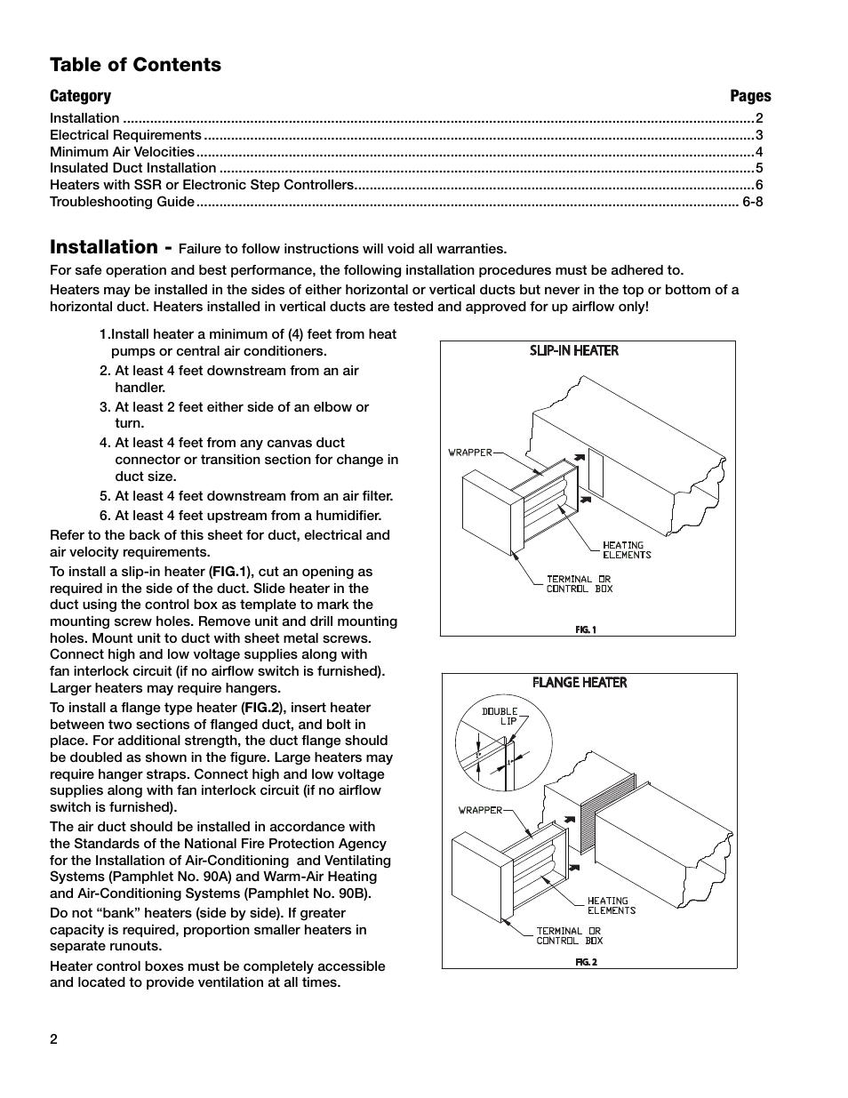 Table of contents installation, Category pages | Greenheck Duct Heaters Series IDHB and IDHC (478052) User Manual | Page 2 / 8