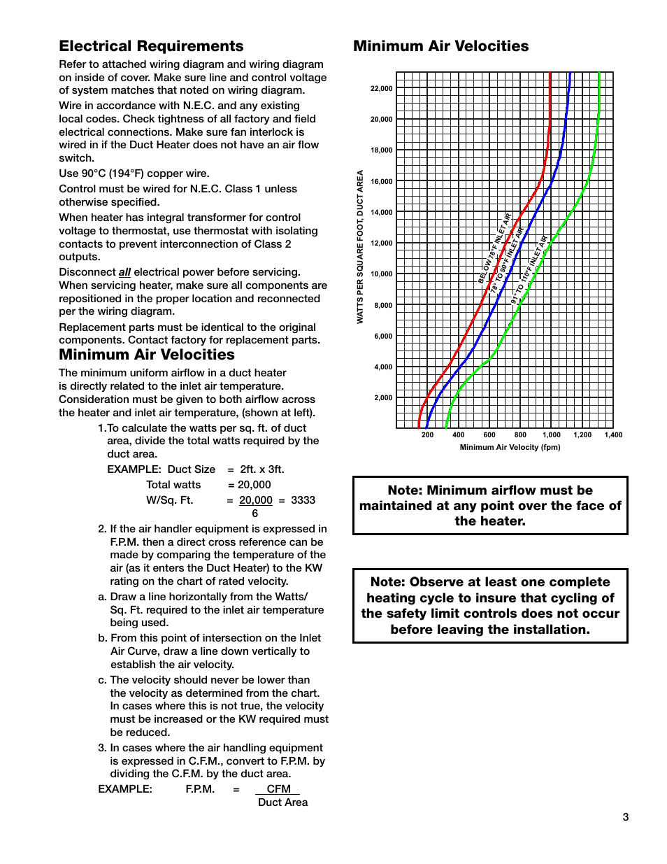 Electrical requirements, Minimum air velocities | Greenheck Duct Heaters Series IDHB and IDHC (478052) User Manual | Page 3 / 8