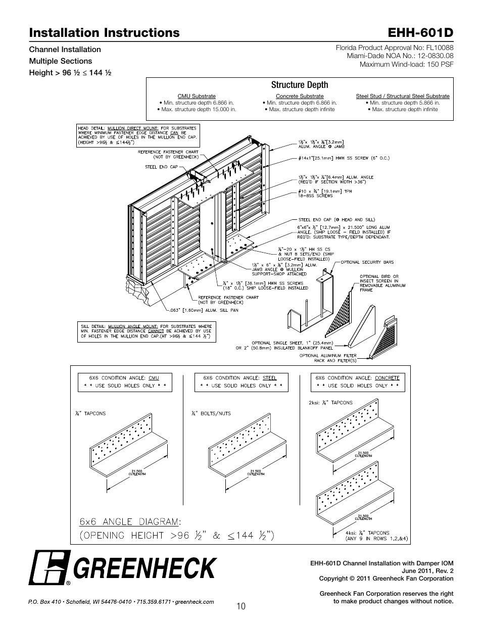 Installation instructions ehh-601d, Structure depth | Greenheck EHH-601D, Channel Installation (474643) User Manual | Page 10 / 10