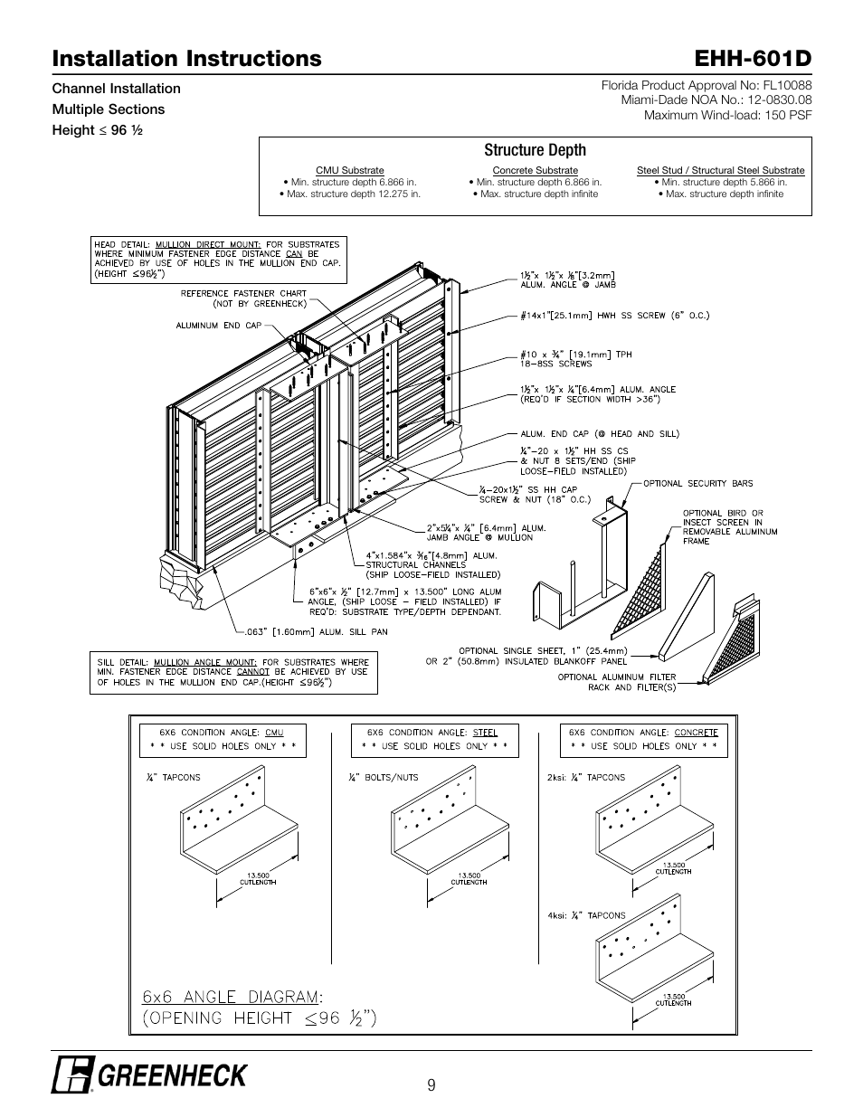 Installation instructions ehh-601d, Structure depth | Greenheck EHH-601D, Channel Installation (474643) User Manual | Page 9 / 10