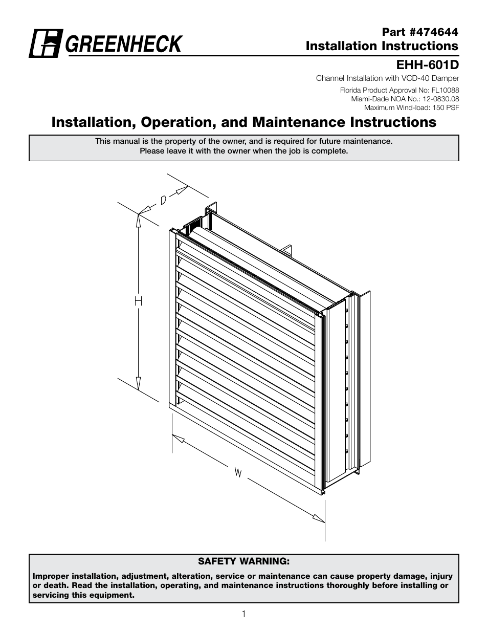Greenheck EHH-601D, Channel Installation with VCD-40 Damper (474644) User Manual | 8 pages