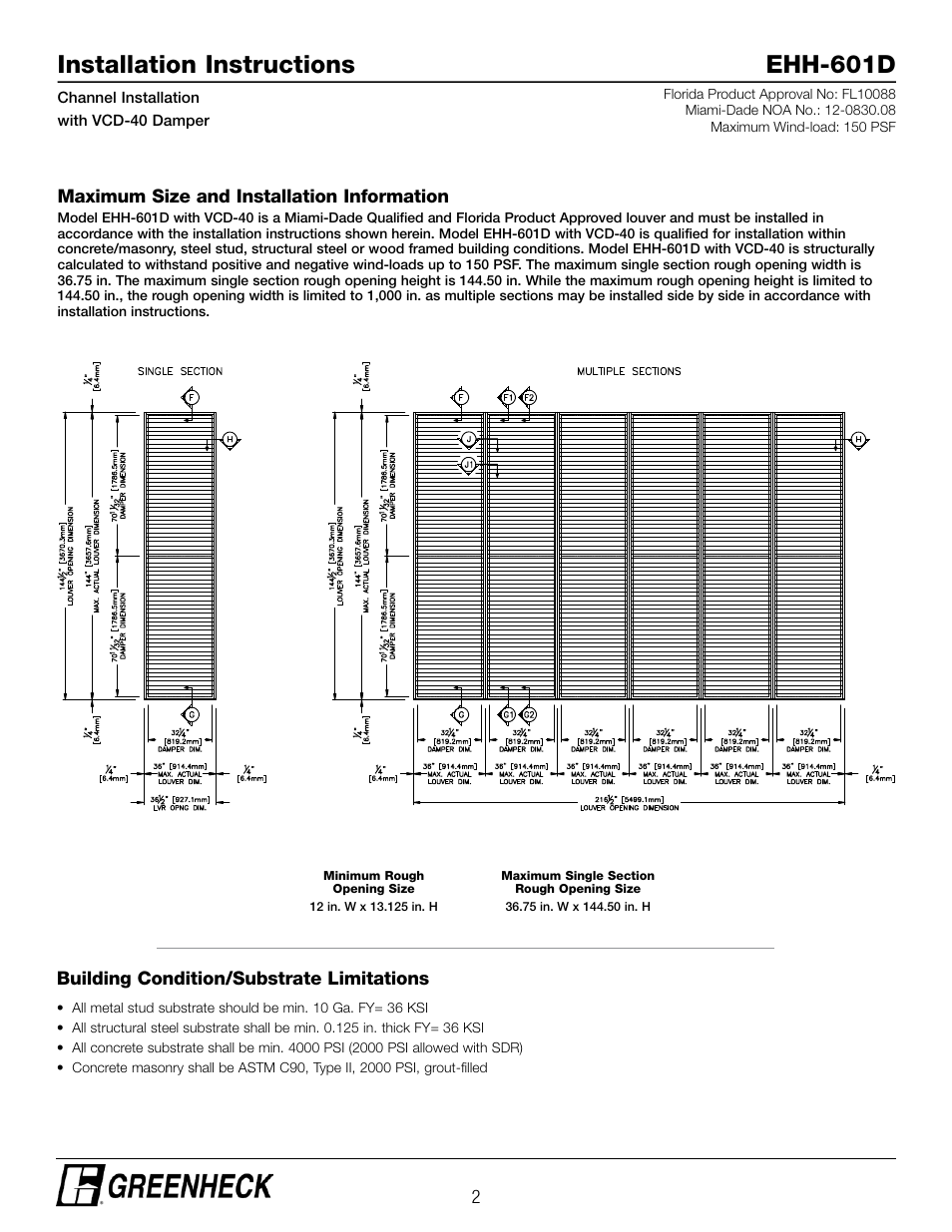 Installation instructions ehh-601d | Greenheck EHH-601D, Channel Installation with VCD-40 Damper (474644) User Manual | Page 2 / 8