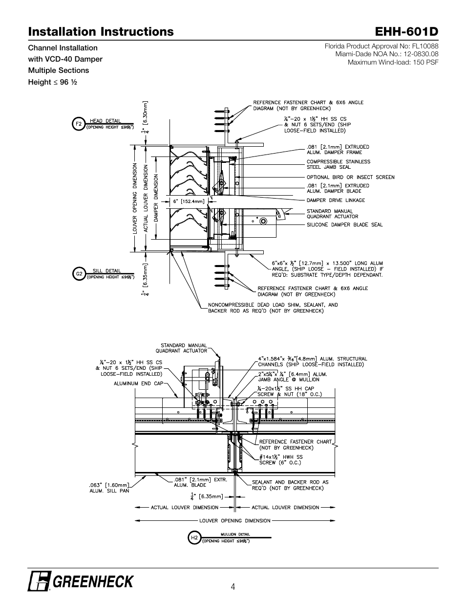 Installation instructions ehh-601d | Greenheck EHH-601D, Channel Installation with VCD-40 Damper (474644) User Manual | Page 4 / 8