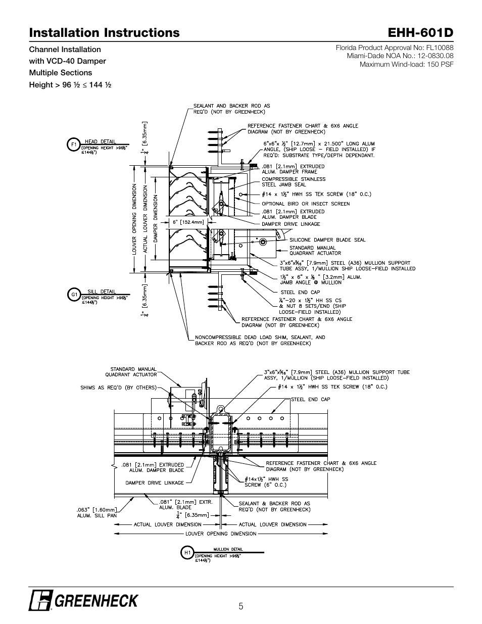 Installation instructions ehh-601d | Greenheck EHH-601D, Channel Installation with VCD-40 Damper (474644) User Manual | Page 5 / 8