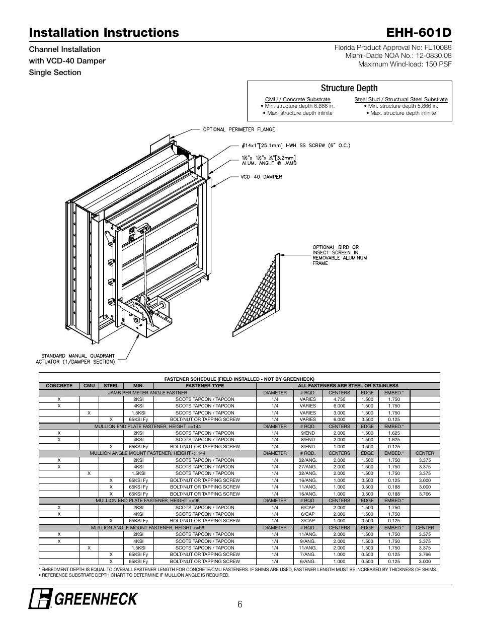 Installation instructions ehh-601d, Structure depth | Greenheck EHH-601D, Channel Installation with VCD-40 Damper (474644) User Manual | Page 6 / 8