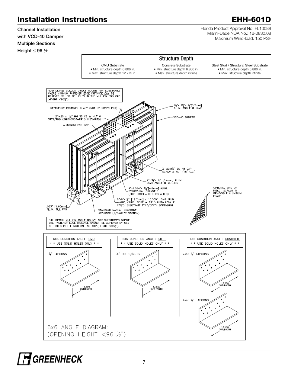 Installation instructions ehh-601d, Structure depth | Greenheck EHH-601D, Channel Installation with VCD-40 Damper (474644) User Manual | Page 7 / 8