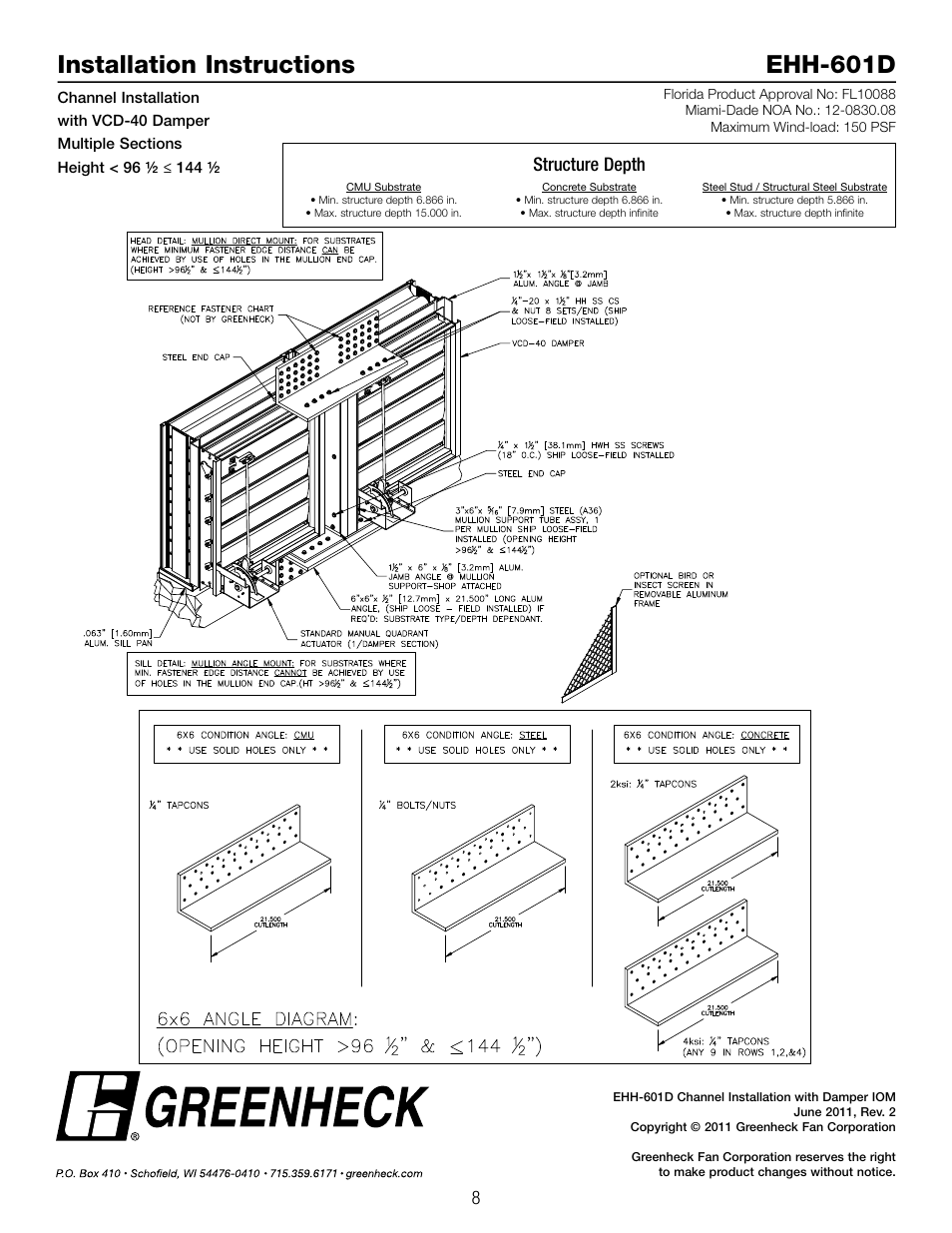 Installation instructions ehh-601d, Structure depth | Greenheck EHH-601D, Channel Installation with VCD-40 Damper (474644) User Manual | Page 8 / 8