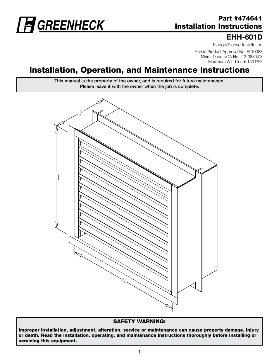 Greenheck EHH-601D, Flange/Sleeve Installation (474641) User Manual | 8 pages