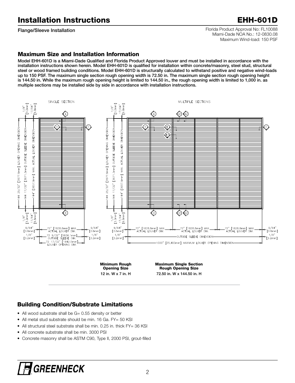 Installation instructions ehh-601d | Greenheck EHH-601D, Flange/Sleeve Installation (474641) User Manual | Page 2 / 8