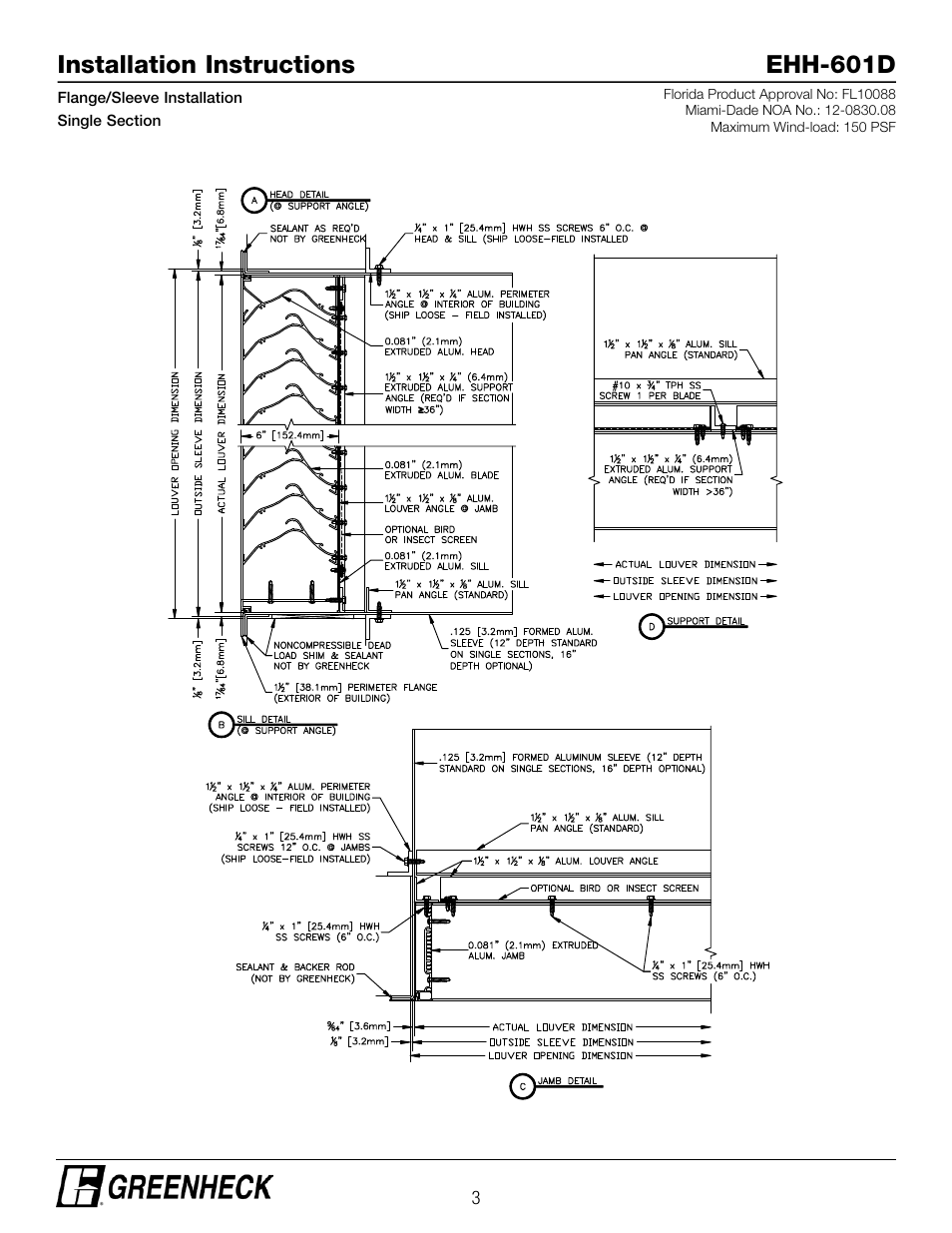 Installation instructions ehh-601d | Greenheck EHH-601D, Flange/Sleeve Installation (474641) User Manual | Page 3 / 8