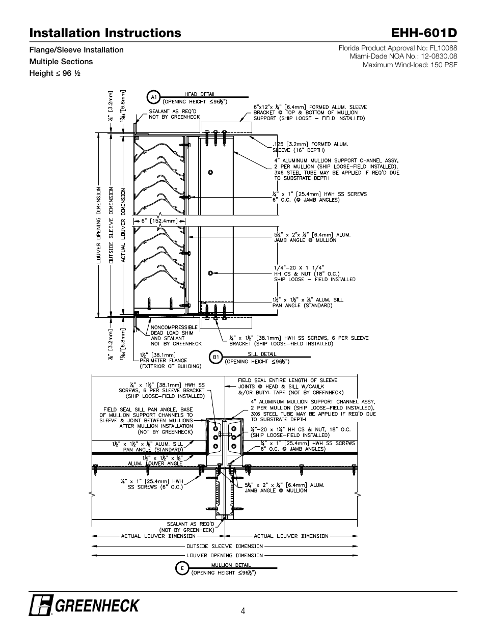 Installation instructions ehh-601d | Greenheck EHH-601D, Flange/Sleeve Installation (474641) User Manual | Page 4 / 8