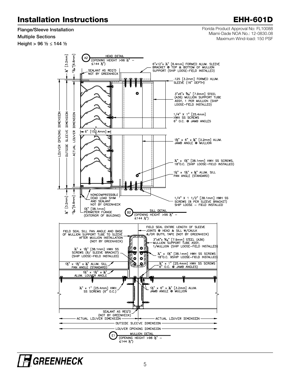 Installation instructions ehh-601d | Greenheck EHH-601D, Flange/Sleeve Installation (474641) User Manual | Page 5 / 8