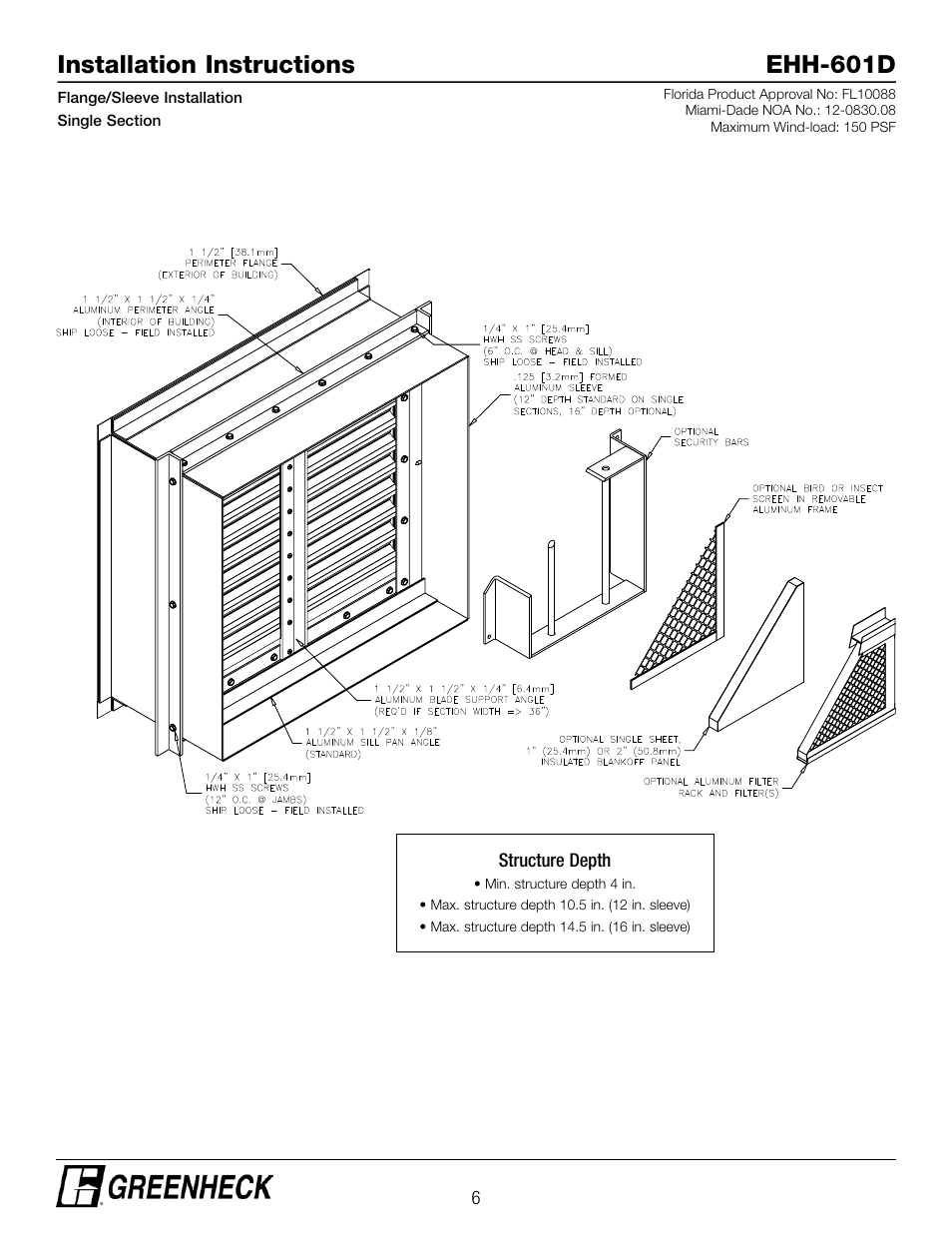 Installation instructions ehh-601d | Greenheck EHH-601D, Flange/Sleeve Installation (474641) User Manual | Page 6 / 8