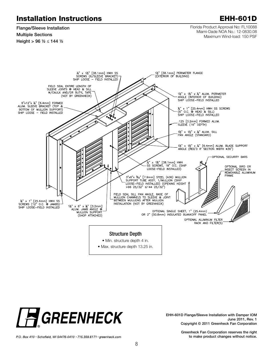 Installation instructions ehh-601d | Greenheck EHH-601D, Flange/Sleeve Installation (474641) User Manual | Page 8 / 8