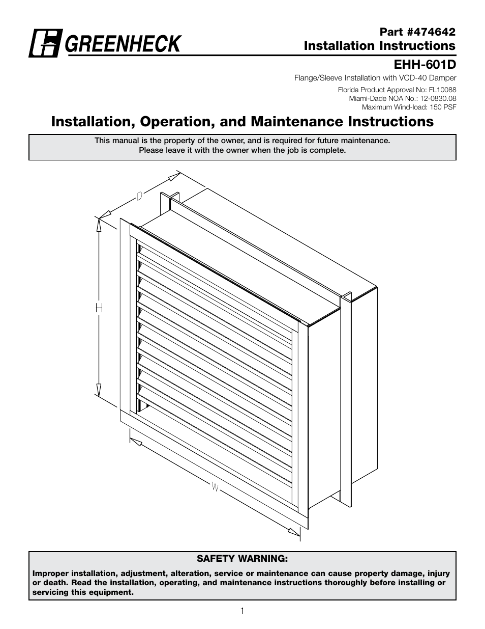 Greenheck EHH-601D, Flange/Sleeve Installation with VCD-40 Damper (474642) User Manual | 8 pages