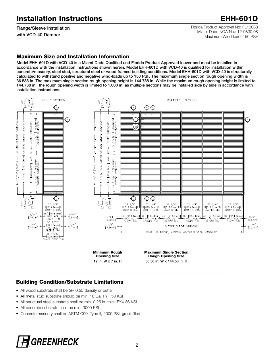 Installation instructions ehh-601d | Greenheck EHH-601D, Flange/Sleeve Installation with VCD-40 Damper (474642) User Manual | Page 2 / 8