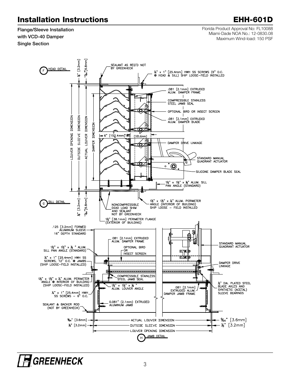 Installation instructions ehh-601d | Greenheck EHH-601D, Flange/Sleeve Installation with VCD-40 Damper (474642) User Manual | Page 3 / 8