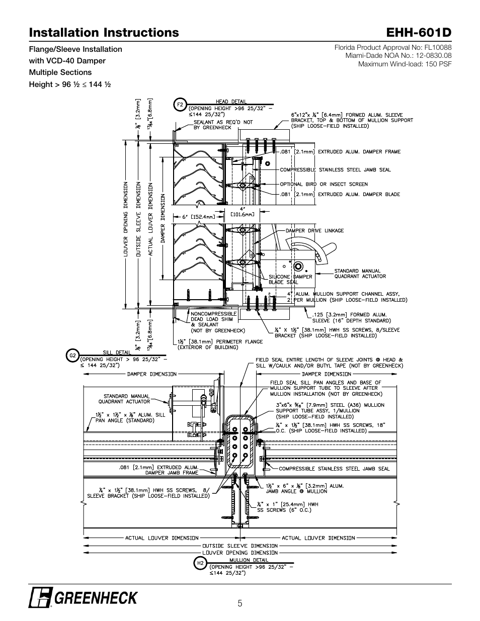 Installation instructions ehh-601d | Greenheck EHH-601D, Flange/Sleeve Installation with VCD-40 Damper (474642) User Manual | Page 5 / 8