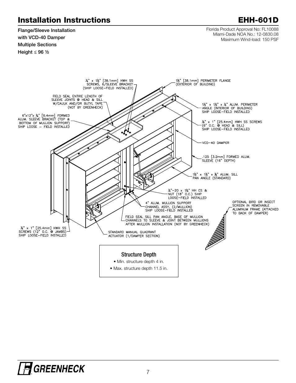 Installation instructions ehh-601d | Greenheck EHH-601D, Flange/Sleeve Installation with VCD-40 Damper (474642) User Manual | Page 7 / 8