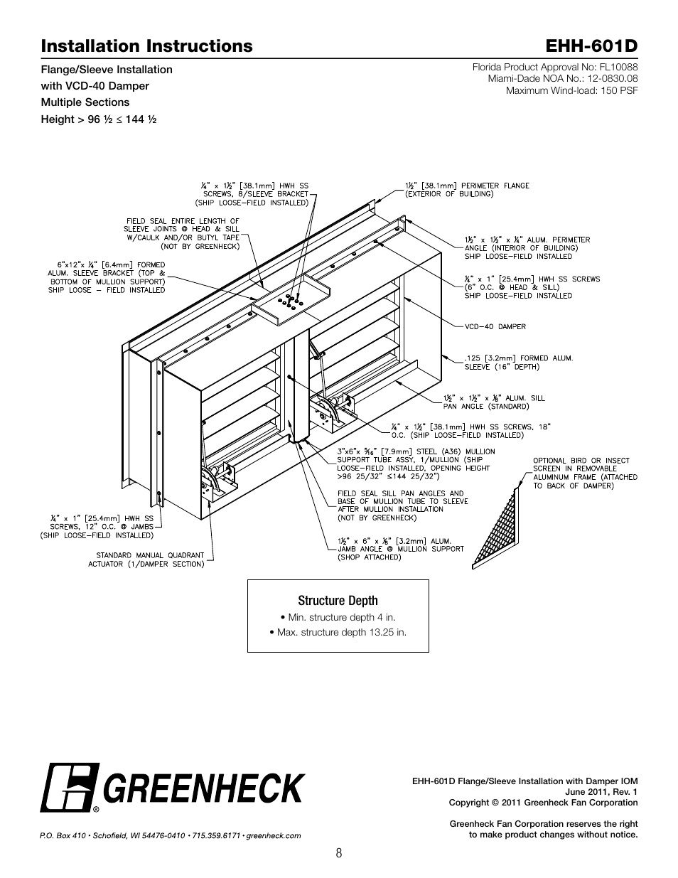 Installation instructions ehh-601d | Greenheck EHH-601D, Flange/Sleeve Installation with VCD-40 Damper (474642) User Manual | Page 8 / 8