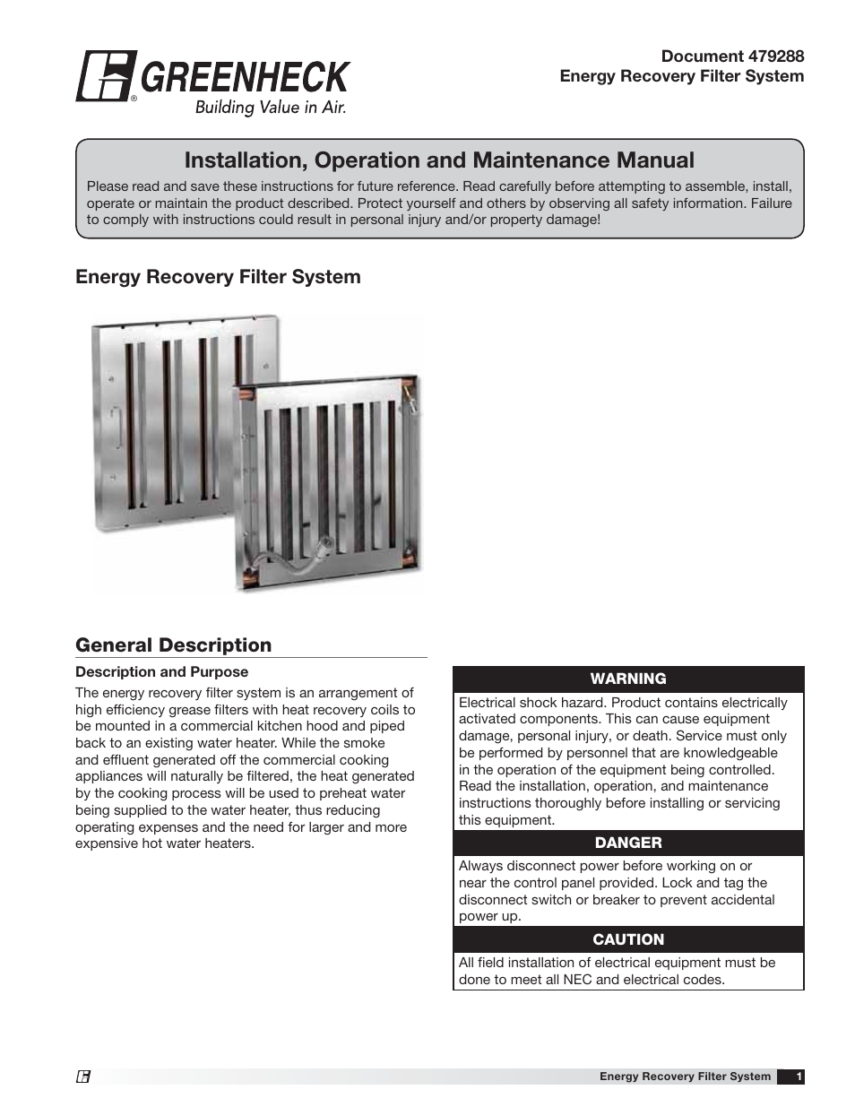 Greenheck Energy Recovery Filter Hood System User Manual | 8 pages