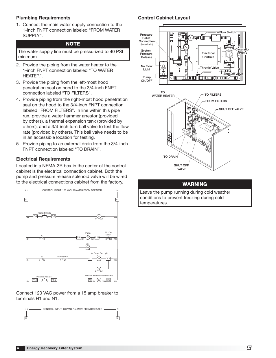 Warning, Electrical requirements, Plumbing requirements | Control cabinet layout | Greenheck Energy Recovery Filter Hood System User Manual | Page 4 / 8