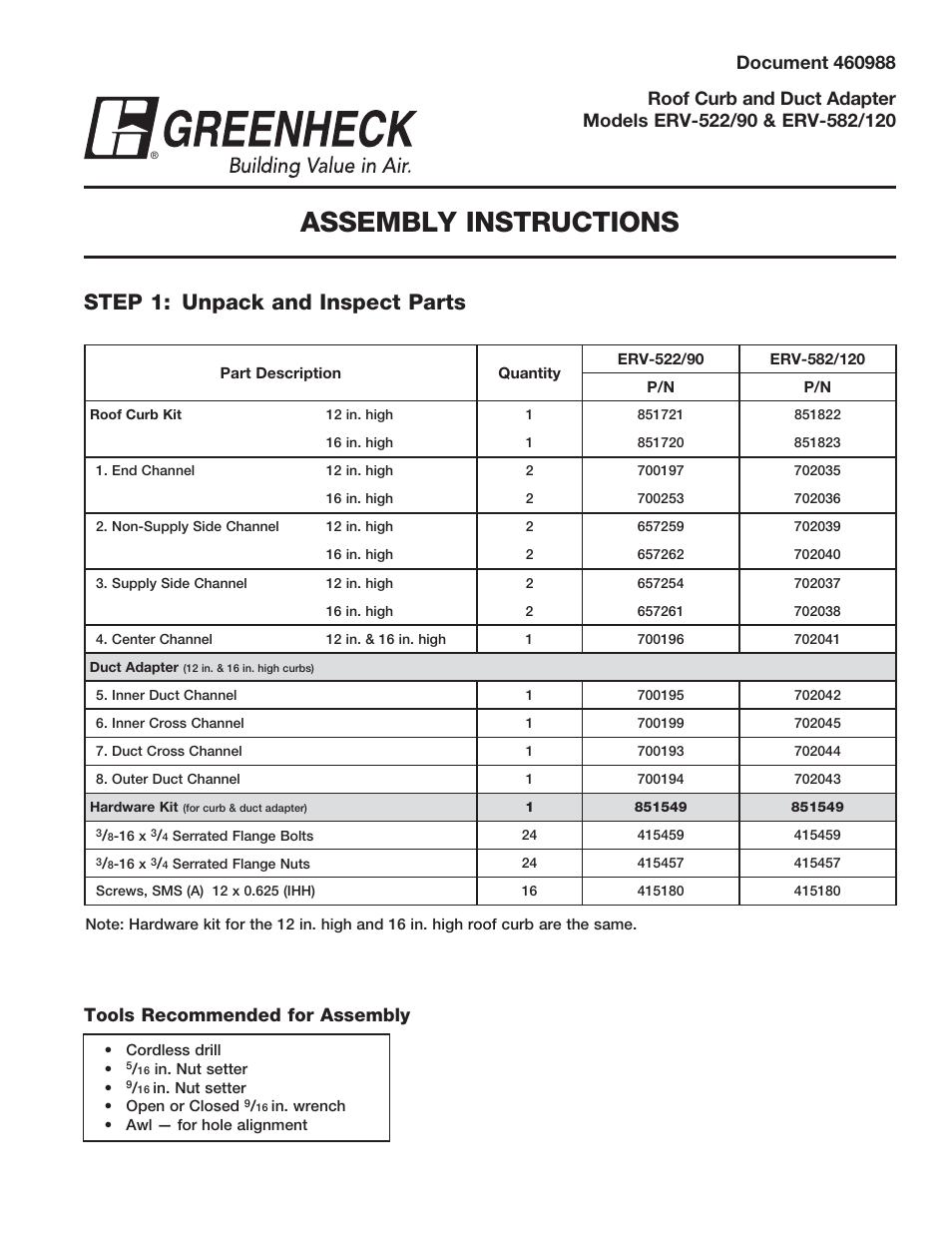 Greenheck ERV-522/90 Curbs (460988) User Manual | 4 pages