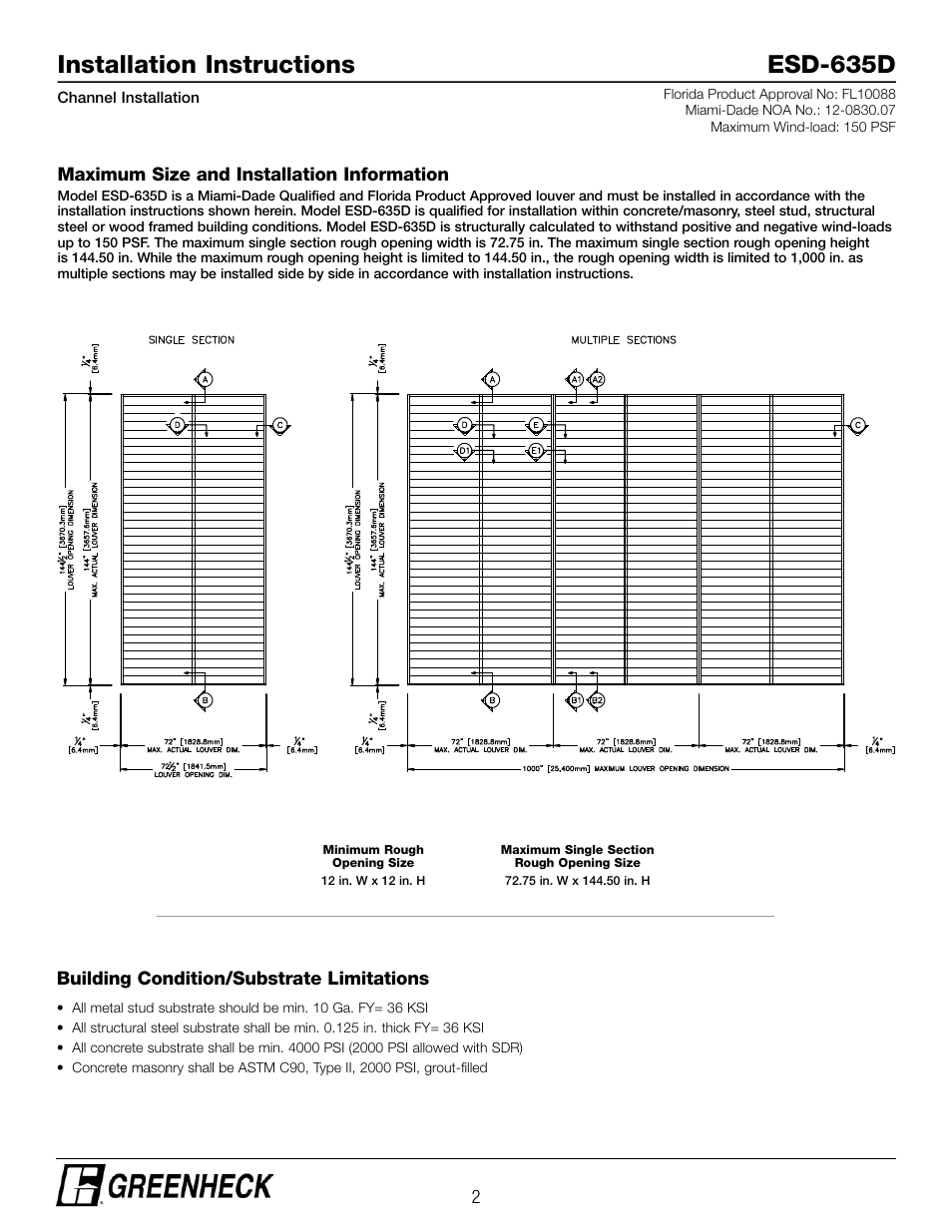 Installation instructions esd-635d | Greenheck ESD-635D, Chanel Installation (474639) User Manual | Page 2 / 10