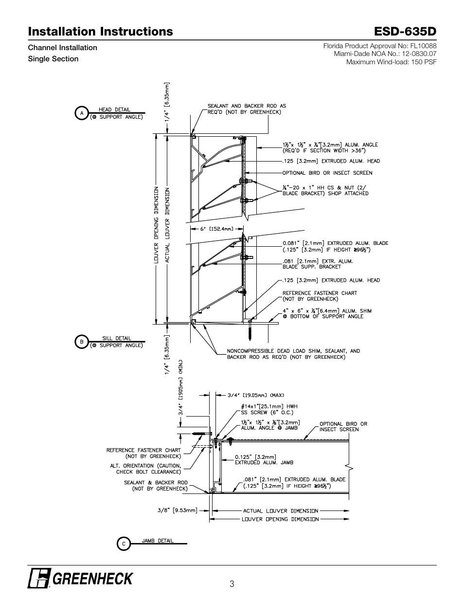 Installation instructions esd-635d | Greenheck ESD-635D, Chanel Installation (474639) User Manual | Page 3 / 10