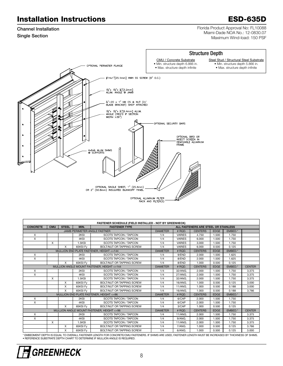 Installation instructions esd-635d, Structure depth | Greenheck ESD-635D, Chanel Installation (474639) User Manual | Page 8 / 10