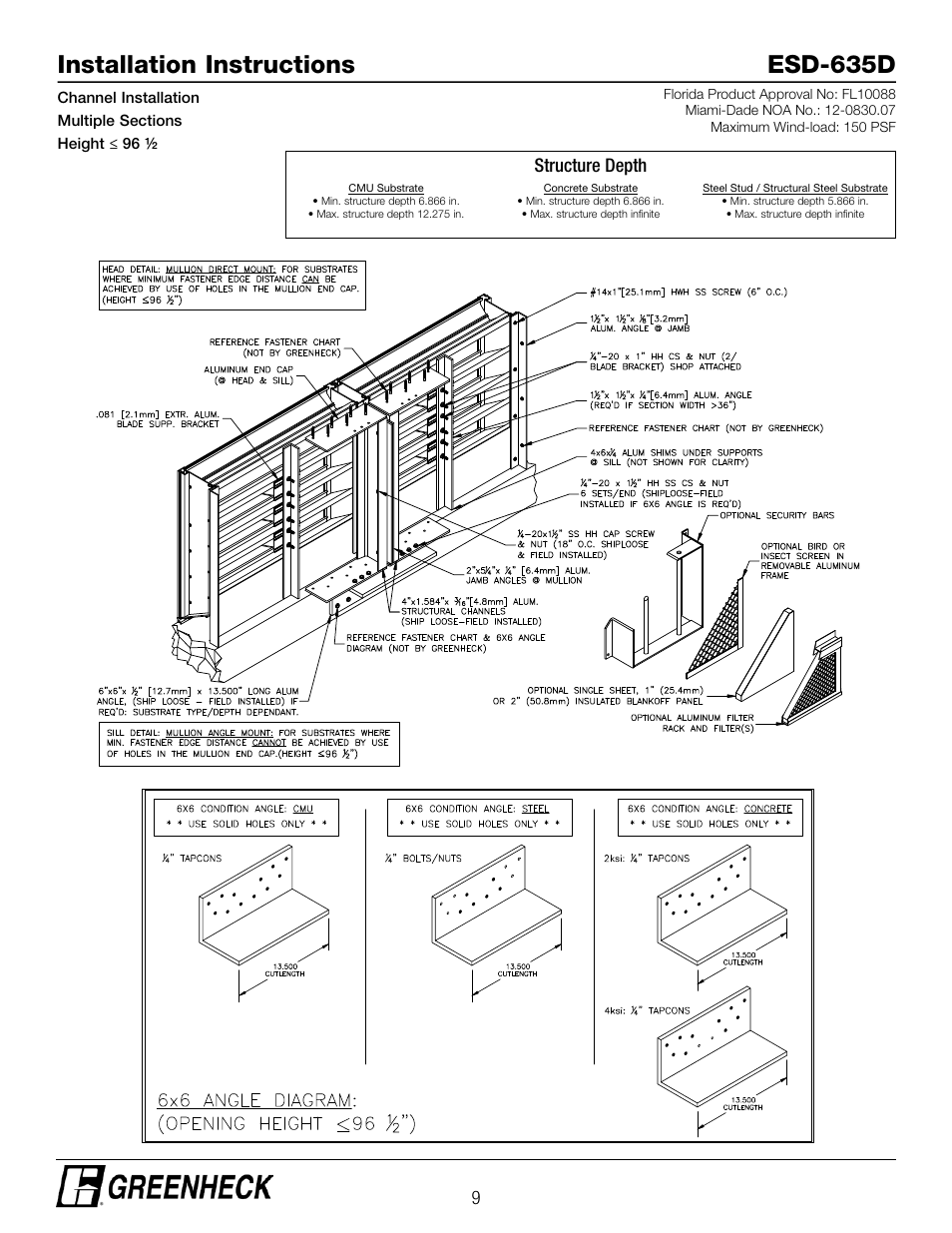 Installation instructions esd-635d, Structure depth | Greenheck ESD-635D, Chanel Installation (474639) User Manual | Page 9 / 10