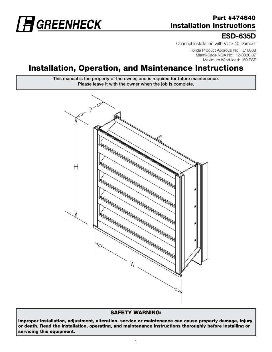 Greenheck ESD-635D, Channel Installation with VCD-40 Damper (474640) User Manual | 8 pages