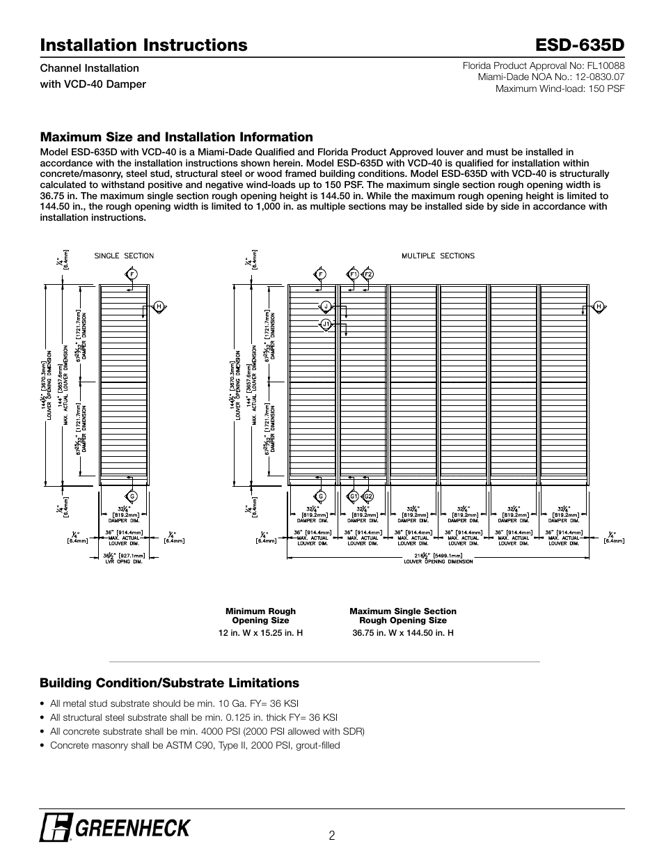 Installation instructions esd-635d | Greenheck ESD-635D, Channel Installation with VCD-40 Damper (474640) User Manual | Page 2 / 8